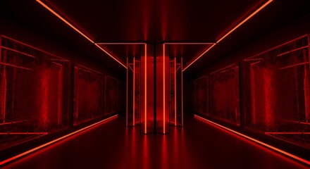 Aufkleber - Neon Tunnel Glowing Red Lines in Dark Abstract Corridor Futuristic Perspective