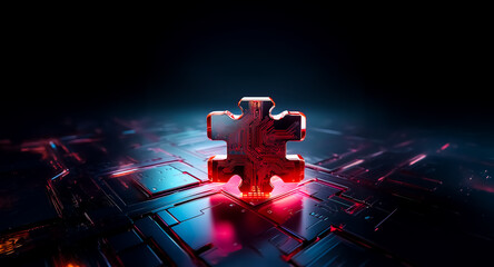 Poster - Glowing puzzle piece on a dark futuristic surface. Red and blue lights accent the metallic, reflective piece, suggesting technology and connection.