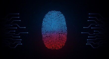 Poster - Glowing Fingerprint Biometric Scan on Cyber Circuitry Dark Background Digital Security System