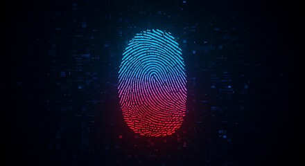 Poster - Glowing Biometric Fingerprint Scan Cyberpunk Style on Dark Digital Data Stream Background Security System