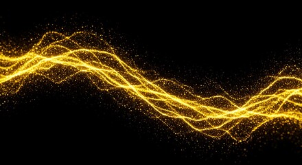 Aufkleber - Golden Particle Stream Flowing Wave Motion on Black Background Abstract Sparkling Digital Render