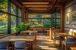 © HUDA - Serene Cafe Interior Design: Sunlight Illuminates Wooden Tables and Chairs near Lush Greenery, Creating a Tranquil Atmosphere for Relaxation and Dining.