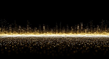 Aufkleber - Golden Cityscape Digital Skyline Glowing Particles Abstract Futuristic Night Bokeh