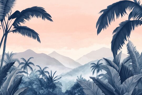 Tropical rainforest, vector illustration, watercolor, pastel colors, background, copy space for text