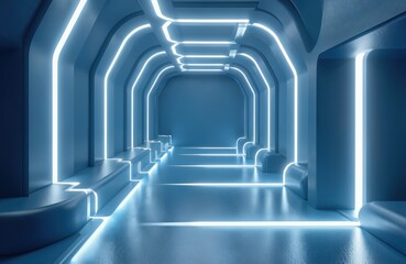 Poster - Futuristic blue interior with illuminated lines. Architecture concept, 3D rendering. Modern design for tech presentations, website backgrounds, corporate spaces. Bright neon light creates futuristic