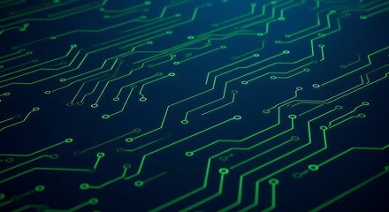 Poster - Green Circuit Board Lines Glowing on Dark Background Digital Network Technology