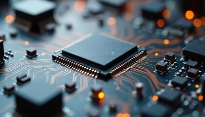 Poster - Close-up view microchip on circuit board. Electronic device components, pathways, computing operations tech. Motherboard, integrated circuit, semiconductor, information processing.