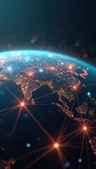 Poster - Digital globe with connection lines and lights. Worldwide technology concept. Tech network connects continents, data transfer. Modern design for data centers, internet, social media.