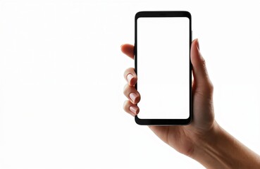 Poster - Close-up of woman hand holding black smartphone with blank white screen. Phone display is isolated on white background. Mobile device concept for product placement, app demo.