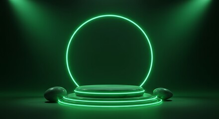 Poster - Neon Green Pedestal Ring Illuminated Stage Dark Studio Background 3D Render