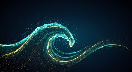 Fototapete - Dynamic Teal Wave of Glowing Particles Flowing on Dark Blue Background Abstract Motion