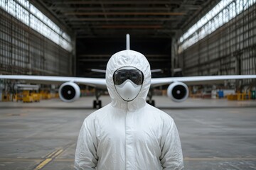 Poster - Futuristic Aerospace Concept Featuring Modern Aircraft in Hangar with Worker in Protective Gear