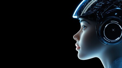 Poster - Humanoid Robot Concept with Futuristic Headset and Digital Interface Presenting News Broadcast