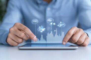 Poster - Business Strategy Concept with Close-Up Hands Analyzing Digital Data on Tablet Device
