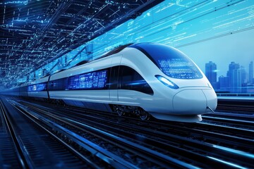Poster - Futuristic Cyber Train Concept at High-Speed Station with Digital Elements and Urban Background