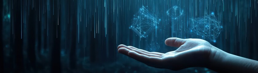 Poster - Close-Up of Hands Embracing Digital Transformation Concept with Abstract Graphics and Light Effects