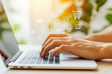 Poster - Close Up of Hands Typing on Laptop with E-Commerce Icons and Business Concepts in the Background