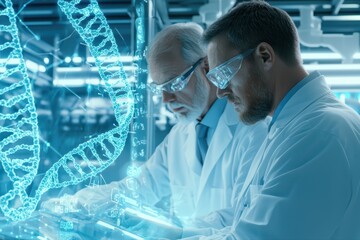 Poster - scientists conduct advanced genetics research in a futuristic laboratory environment