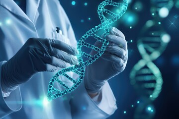 Poster - futuristic concept of genetics research in a laboratory environment with dna helix structure