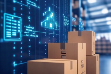 Poster - High-Tech Logistics and Supply Chain Visualization with Cardboard Boxes in Warehouse Setting