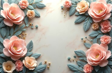 Poster - 3D wallpaper for home interior with classic decorations. Flowers design, pastel colors, marble texture background. Home decor, living room, floral art, interior design elements.