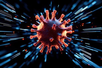 Poster - Extreme Close-Up of a Microscopic Virus Red and Blue Abstract Conceptual Visualization