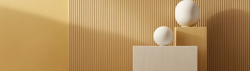 Poster - Minimal Abstract Geometric Composition with Floating Shapes in Soft Yellow and Beige Tones