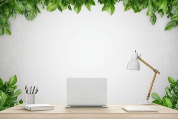 Poster - Modern Minimalist Office Desk with Wooden Surface and Green Foliage Accents