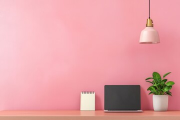Poster - Modern Minimalist Office Workspace with Desk and Laptop Against Soft Pink Wall
