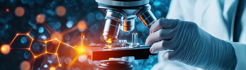 Poster - scientists working in a nanotechnology lab with advanced microscope and research equipment