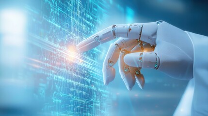 Poster - Futuristic Robotic Hand Interacting with Advanced Digital Interface in Tech Laboratory Environment