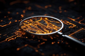 Poster - Magnifying Glass Focused on Intricate Circuit Board Design with Glowing Elements