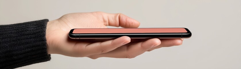 Poster - Close-Up Image of a Hand Holding a Modern Smartphone with Pink Display Concept