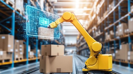 Poster - Robotic Arm Lifting Box in Modern Warehouse Automation Concept with Digital Interface