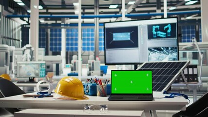 Poster - green screen laptop in photovoltaics facility used for analyzing data and reviewing system metrics. 