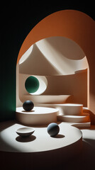 Poster - A room with a green and white archway and a white staircase. There are three balls in the room, one of which is green