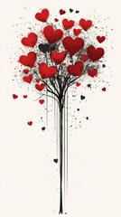 Poster - A tree with many hearts on it. The tree is red and black. The hearts are scattered all over the tree