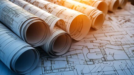 Poster - Technical Architectural Plans Rolled and Laid out on a Workspace Generative AI