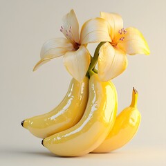 Poster - Three glossy bananas are adorned with vibrant yellow lilies. A beautiful still life of nature's bounty. Fruit Isolated on a white background. Bananas