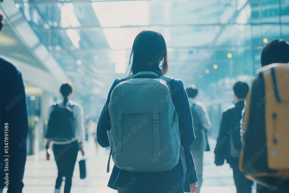 A group of individuals moves through a vibrant urban transit hub.