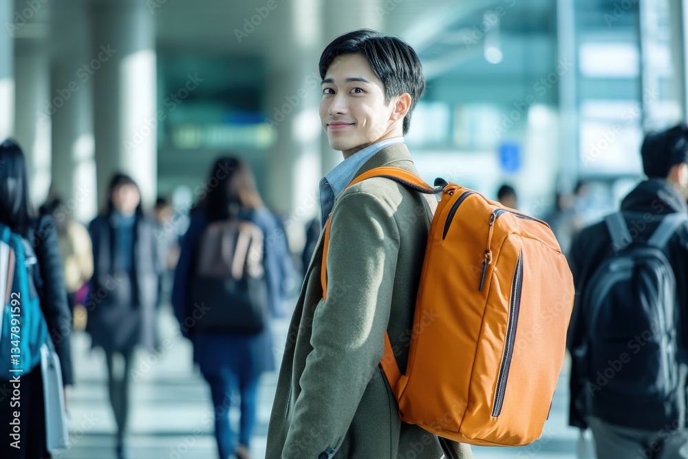 A young man stands in a bustling airport terminal, smiling as he looks back at the camera. He carries an orange backpack and is surrounded by many travelers moving in different directions.
