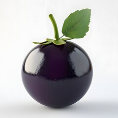 Poster - A digital rendering of a glossy purple fruit, featuring a single green leaf. The image is clean and simple, ideal for various design uses. Fruit Isolated on a white background. Blackcurrant