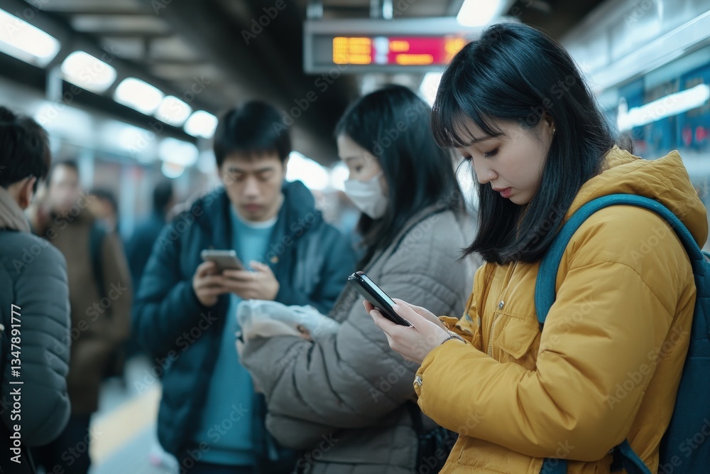 Four commuters are standing at a subway station, focused on their smartphones. It is busy rush hour with a mix of casual clothing, and the lighting is modern and bright.