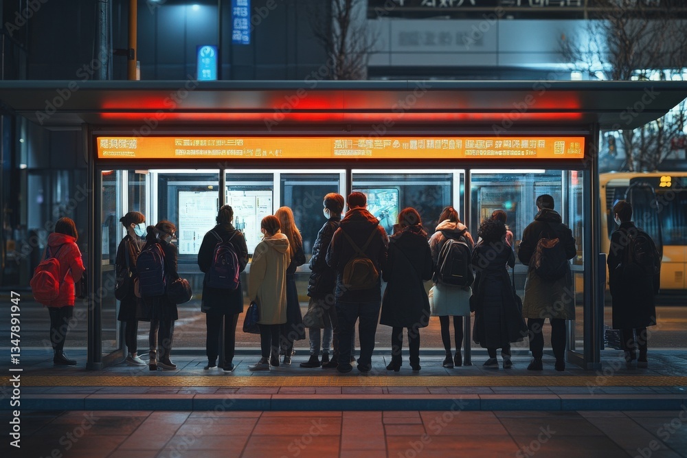 A group of individuals stands in line at a bus stop under bright orange lights in a bustling city at night. Many are wearing masks and engaged in their phones.