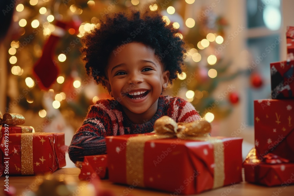A happy child with curly hair smiles widely as they sit among festive red and gold wrapped gifts. The warm atmosphere is enhanced by twinkling lights on a Christmas tree.