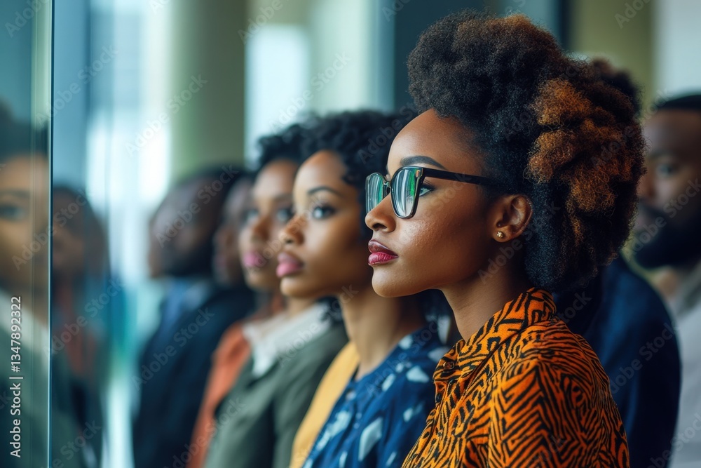A diverse group of people stands close together, gazing intently. Each person displays unique hairstyles and expressions, suggesting engagement in an inspiring moment at a contemporary event.
