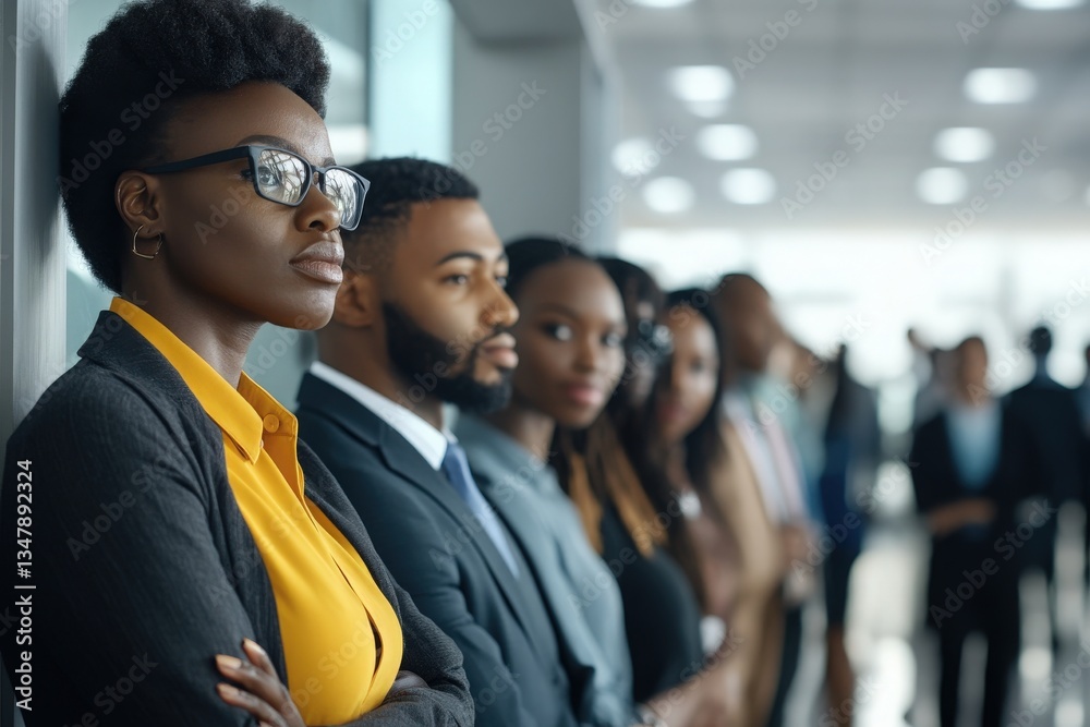 A group of professionals stands in a sleek office environment, demonstrating focus and readiness for an upcoming meeting.