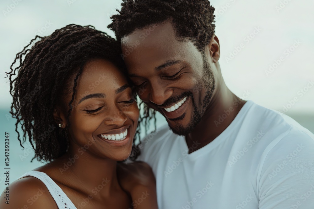 Two individuals with bright smiles embrace each other on a beach, enjoying a moment of connection as gentle waves lap the shore. The warm tones of sunset enhance their cheerful atmosphere.