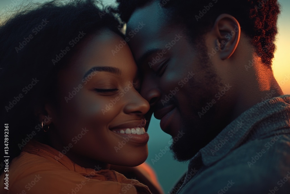 Two people smile as they share an intimate moment at sunset, their foreheads touching and eyes closed. The warm glow of dusk enhances their connection in the serene atmosphere.