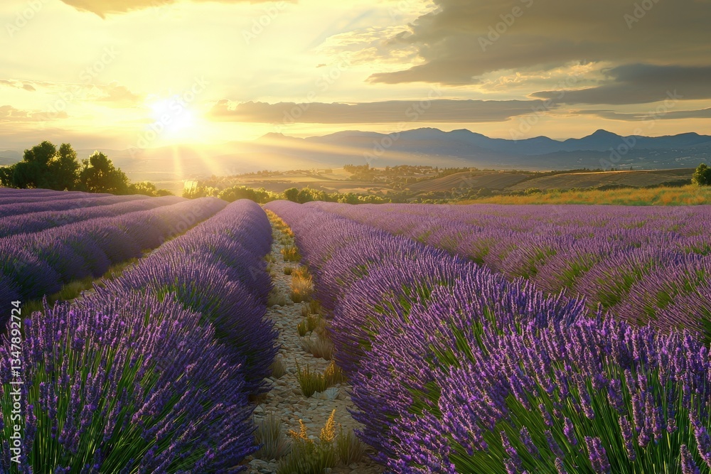 Rows of vibrant lavender stretch across the field under a golden sunset. The sun casts warm light over the purple blossoms, illuminating the serene countryside in the evening.